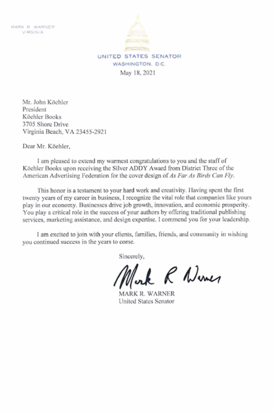 US SENATOR MARK WARNER CONGRATULATES KOEHLER BOOKS ON COVER AWARD